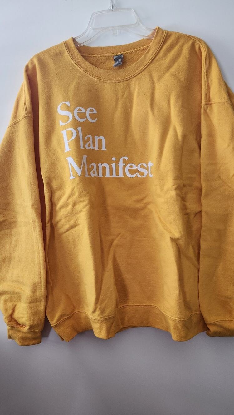 See Plan Manifest Graphic Crewneck Sweatshirt Yellow Gold Heavy Blend XL #364